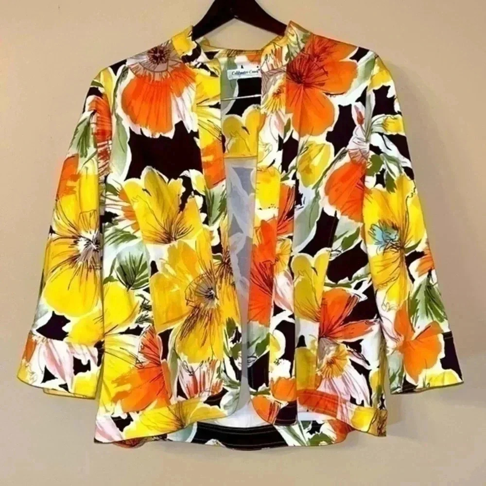 Coldwater Creek Open Front Floral Orange Yellow Jacket Size L